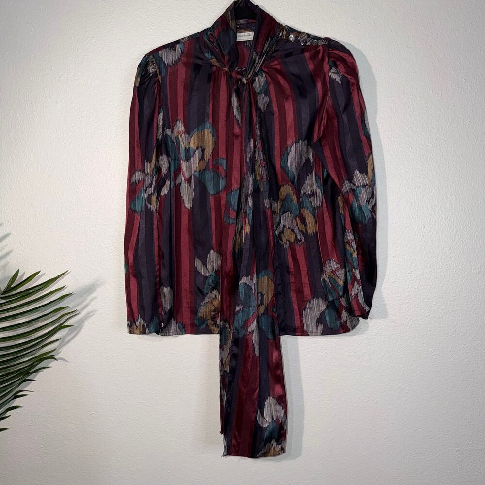 Vintage Evan-Picone  Bow Blouse Silk Feel Striped Floral ILGWU Tag Size 10